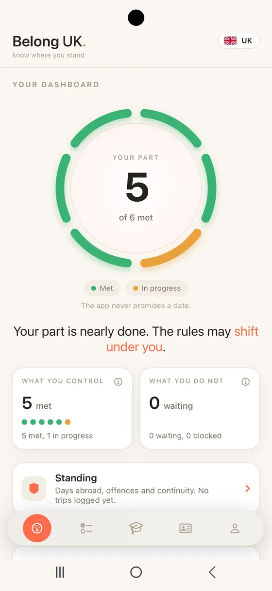 Belong United Kingdom Dashboard on Android, the ring of requirements