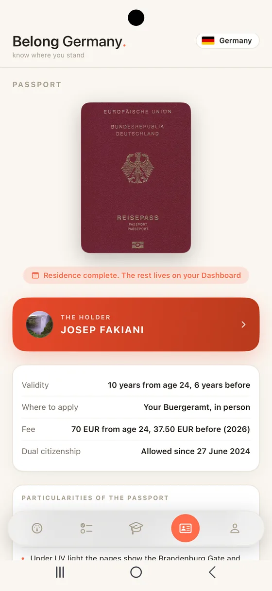Belong Germany Passport on Android, the German passport