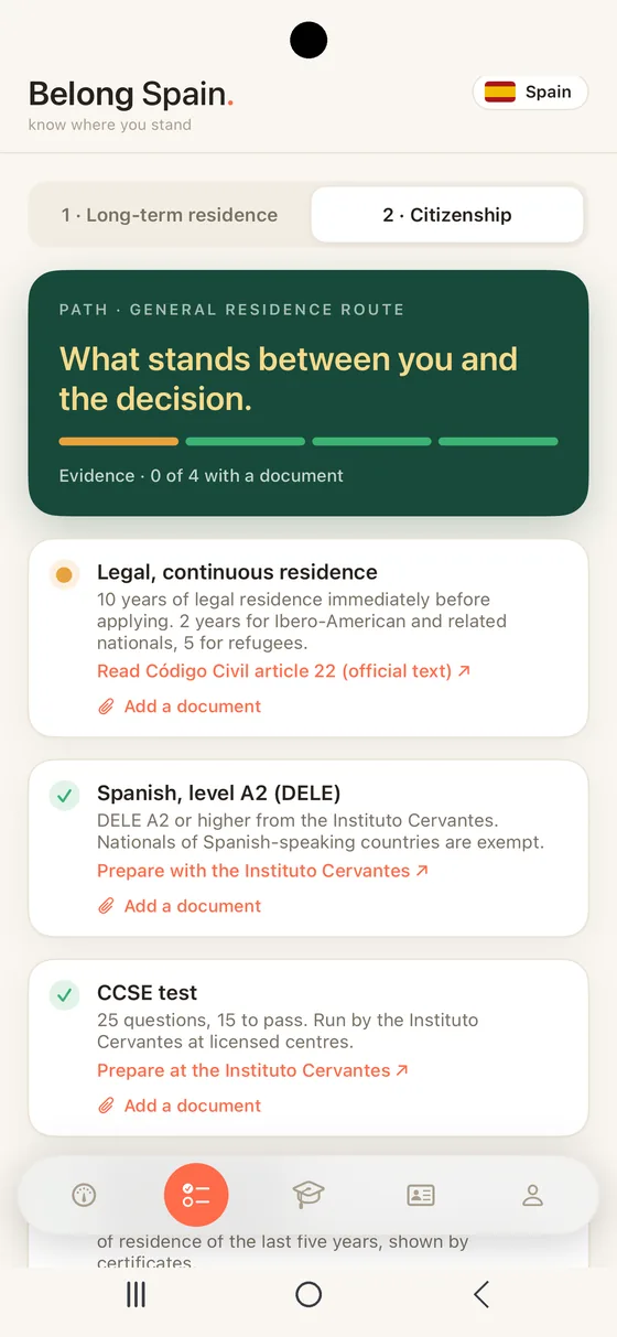 Belong Spain Path on Android, every requirement for nationality by residence in order