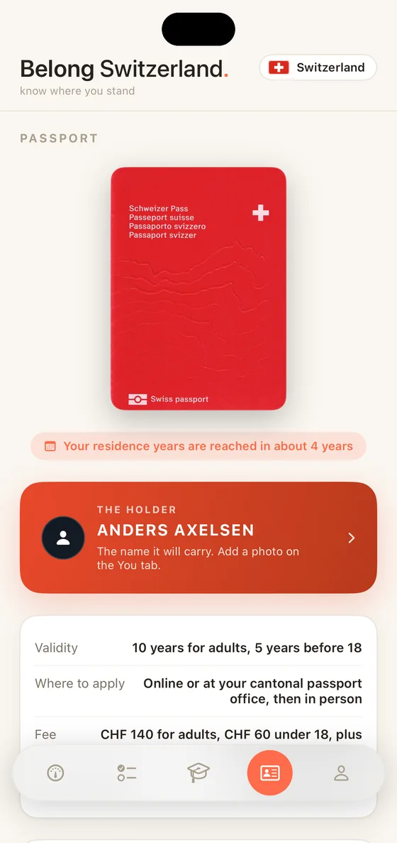 Belong Switzerland Passport on iPhone, the Swiss passport