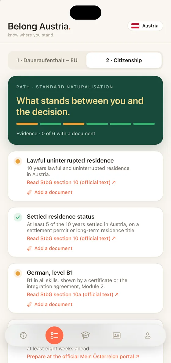 Belong Austria Path on iPhone, every requirement for citizenship in order