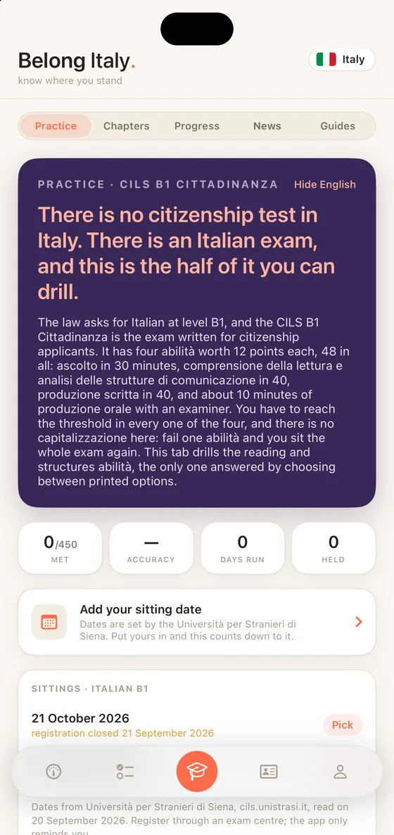 Belong Italy Practice on iPhone, practice for the CILS B1 Cittadinanza