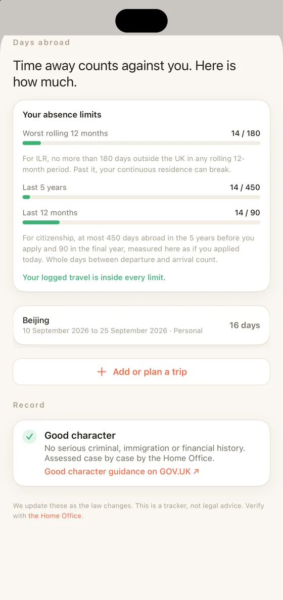 Belong United Kingdom Standing on iPhone, days abroad measured against the absence limits
